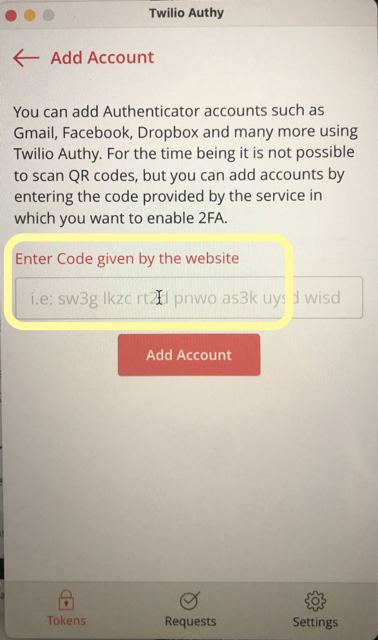 Enter AWS secret key to Authy